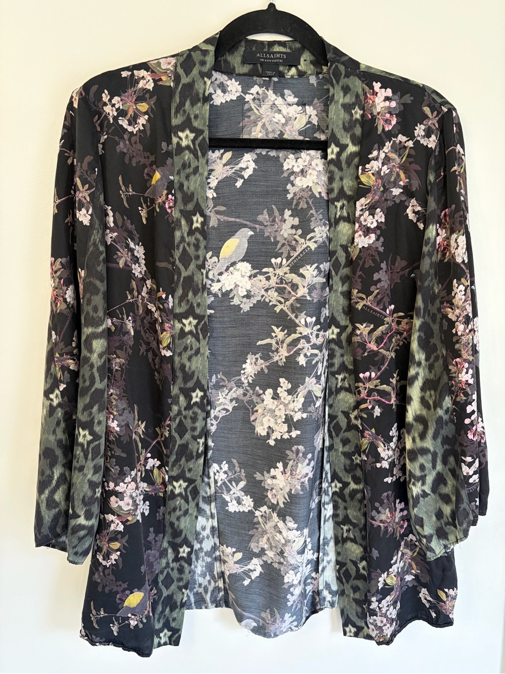 AllSaints Black Floral and Olive Leopard Trim Casi Viola Silk Kimono